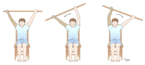 막대를 이용한 팔 운동 - 막대기를 이용한 팔운동은 몸을 의자에 기대지 않은 채 바로 앉아 두 손으로 넓게 막대기를 잡아 위로 들어 좌우로 흔들어줍니다. 그리고 손등이 앞을 향하도록 합니다.